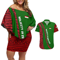 Tajikistan Green Lion Couples Matching Off Shoulder Short Dress and Hawaiian Shirt with Red Folk Pattern with Majestic Script