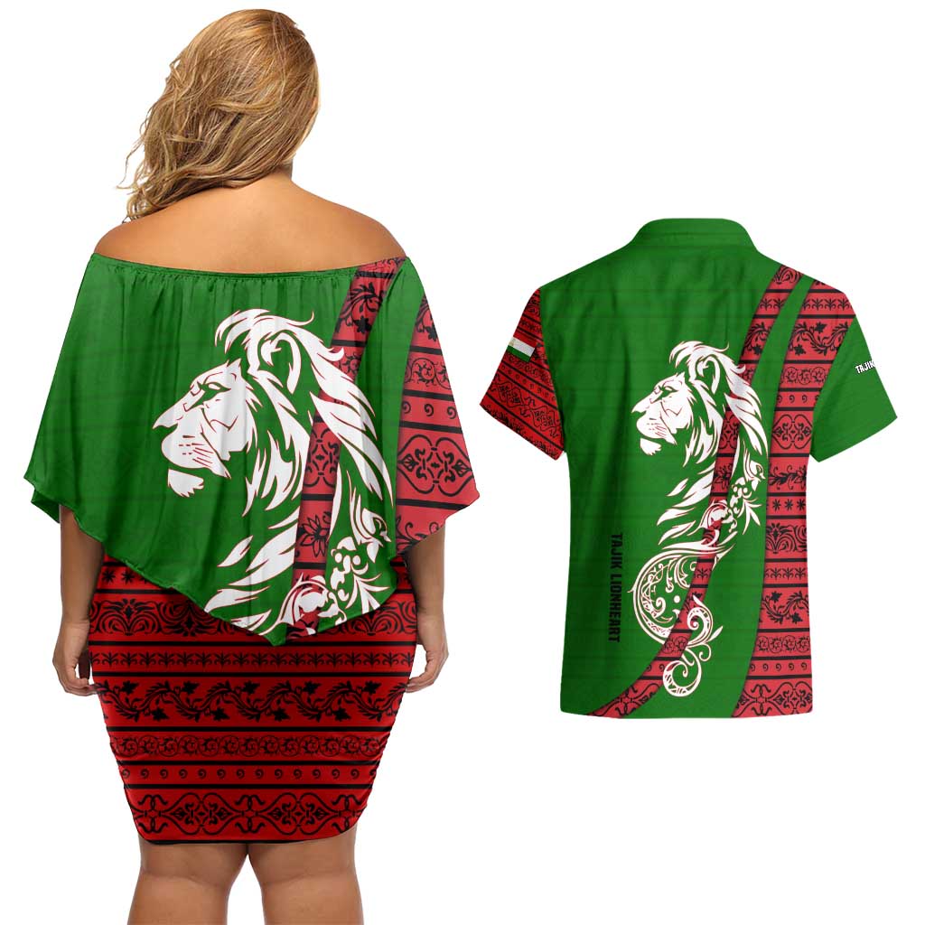 Tajikistan Green Lion Couples Matching Off Shoulder Short Dress and Hawaiian Shirt with Red Folk Pattern with Majestic Script