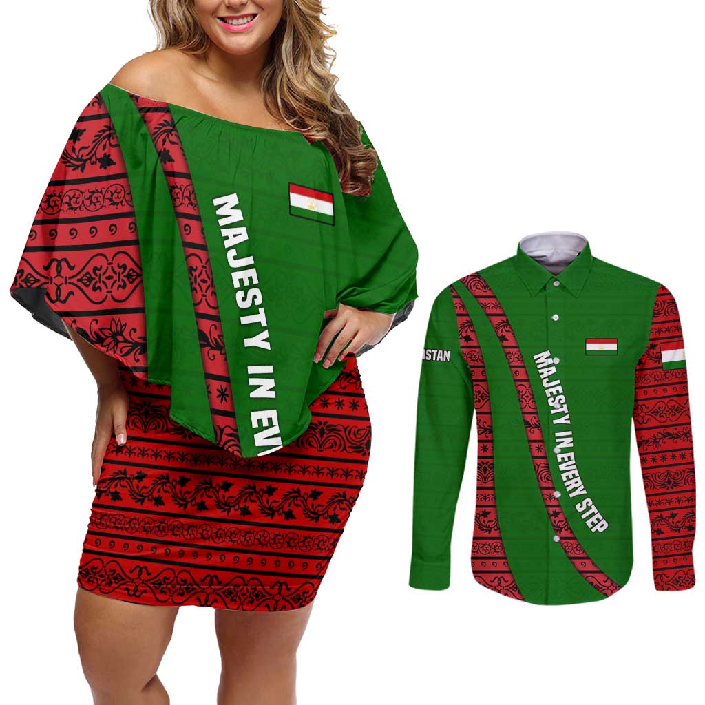 Tajikistan Green Lion Couples Matching Off Shoulder Short Dress and Long Sleeve Button Shirt with Red Folk Pattern with Majestic Script