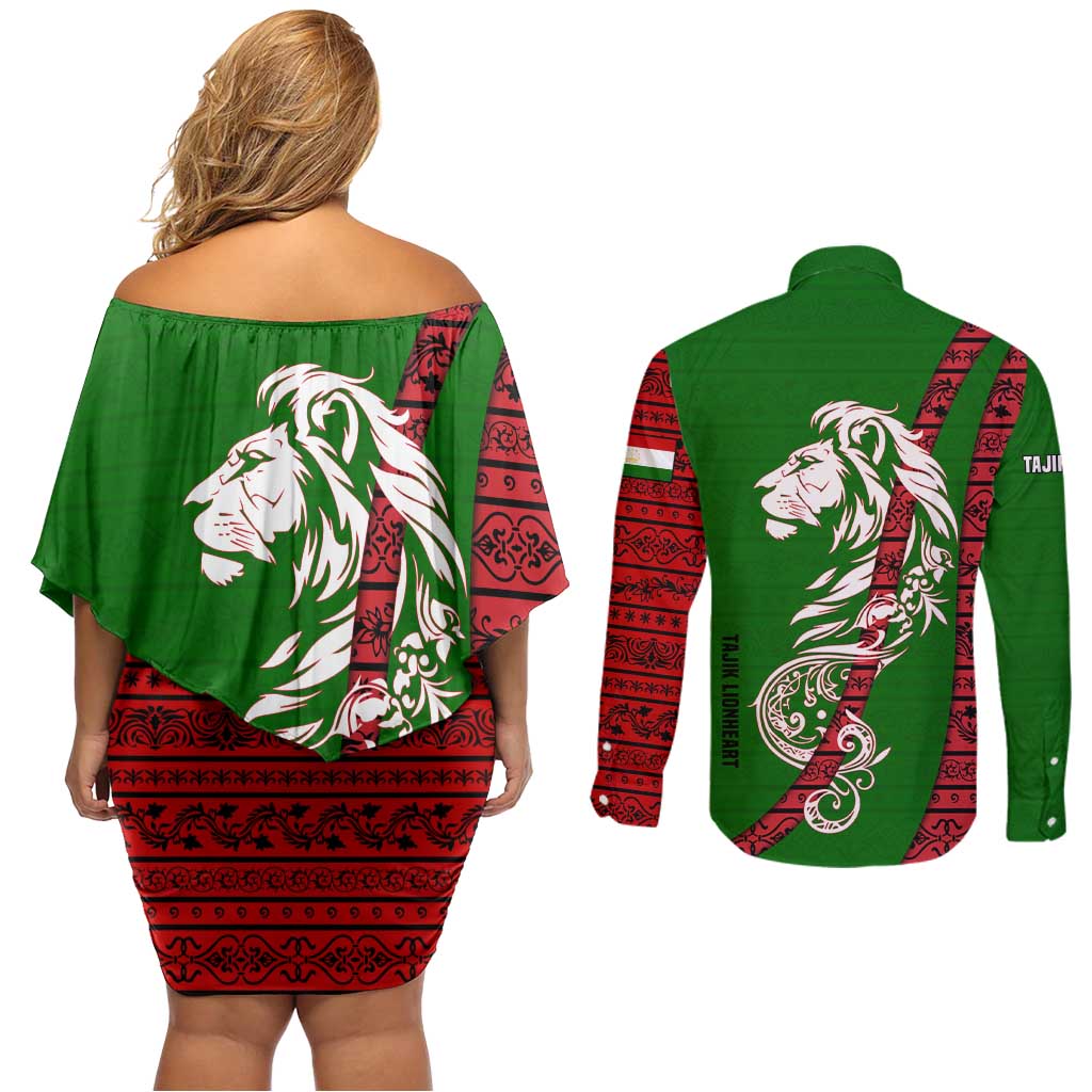 Tajikistan Green Lion Couples Matching Off Shoulder Short Dress and Long Sleeve Button Shirt with Red Folk Pattern with Majestic Script