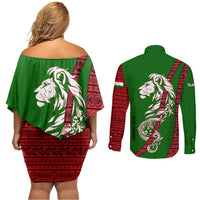 Tajikistan Green Lion Couples Matching Off Shoulder Short Dress and Long Sleeve Button Shirt with Red Folk Pattern with Majestic Script