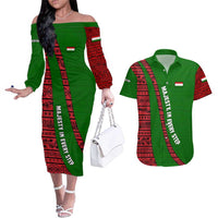 Tajikistan Green Lion Couples Matching Off The Shoulder Long Sleeve Dress and Hawaiian Shirt with Red Folk Pattern with Majestic Script