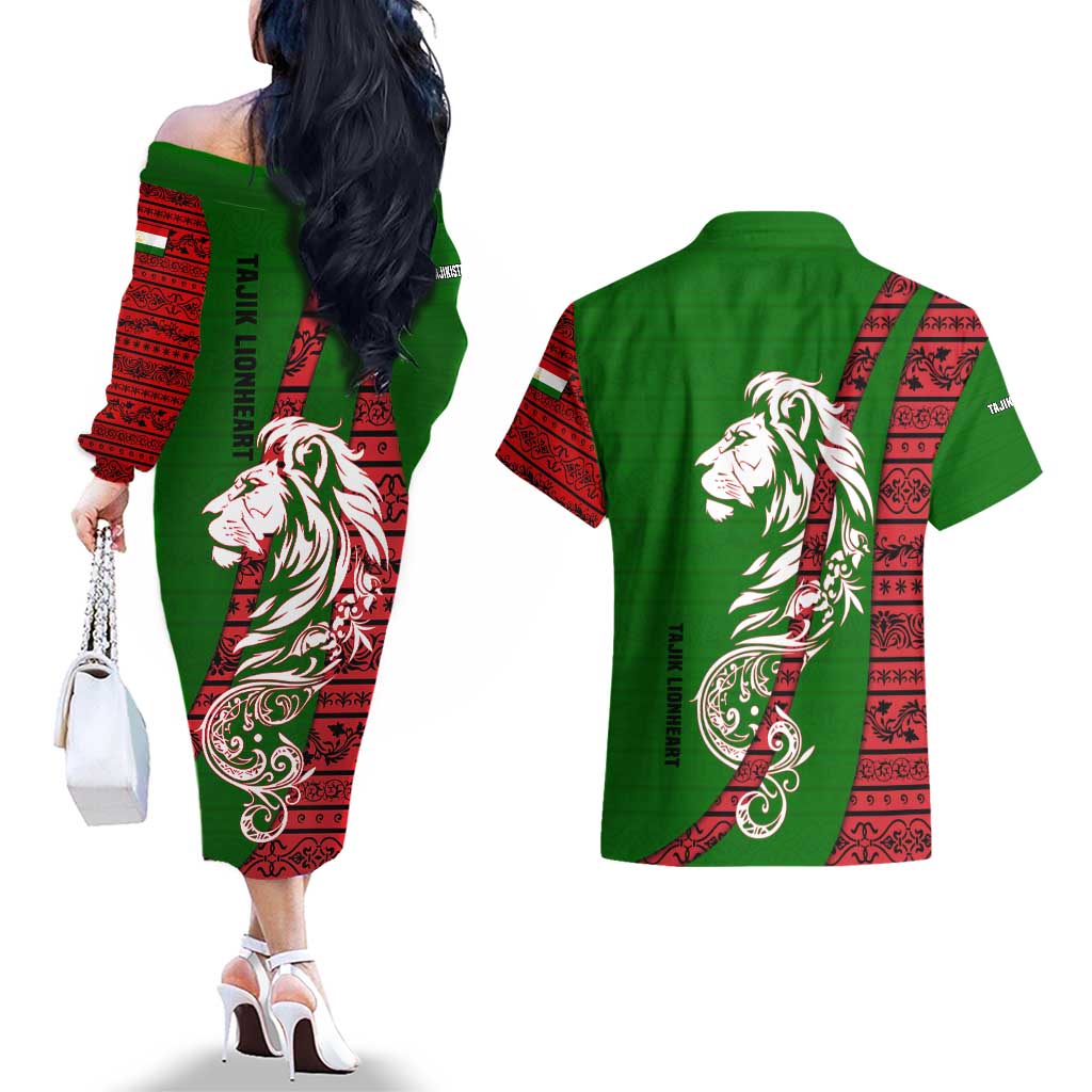 Tajikistan Green Lion Couples Matching Off The Shoulder Long Sleeve Dress and Hawaiian Shirt with Red Folk Pattern with Majestic Script