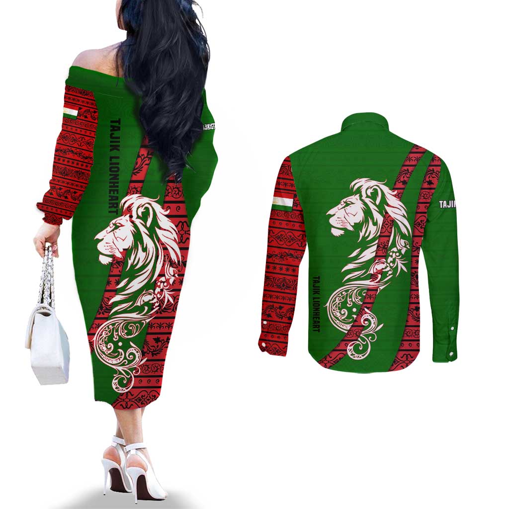 Tajikistan Green Lion Couples Matching Off The Shoulder Long Sleeve Dress and Long Sleeve Button Shirt with Red Folk Pattern with Majestic Script
