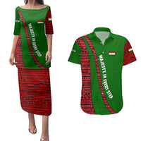 Tajikistan Green Lion Couples Matching Puletasi and Hawaiian Shirt with Red Folk Pattern with Majestic Script