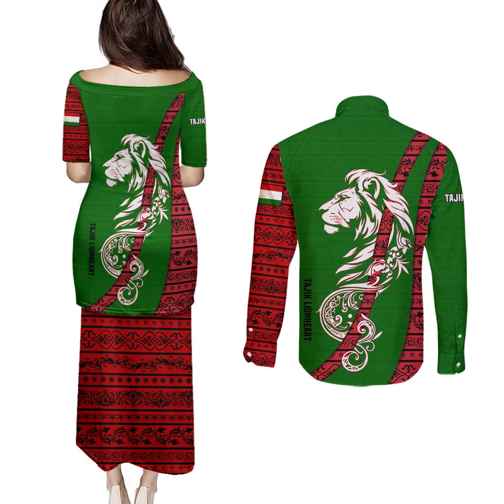 Tajikistan Green Lion Couples Matching Puletasi and Long Sleeve Button Shirt with Red Folk Pattern with Majestic Script