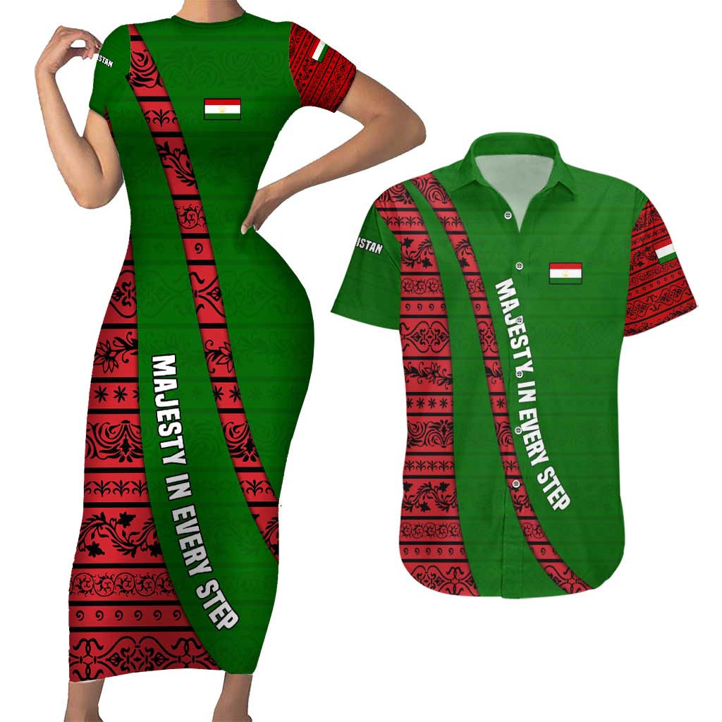 Tajikistan Green Lion Couples Matching Short Sleeve Bodycon Dress and Hawaiian Shirt with Red Folk Pattern with Majestic Script