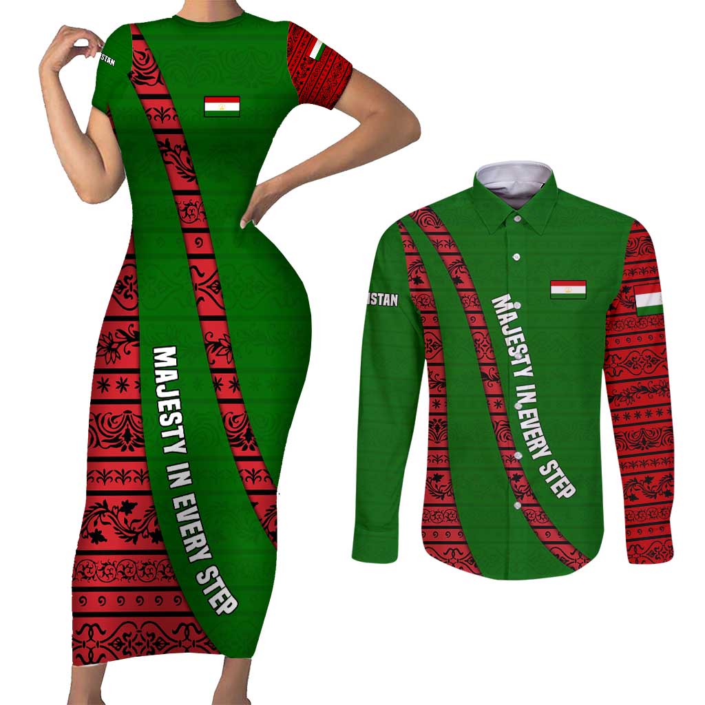 Tajikistan Green Lion Couples Matching Short Sleeve Bodycon Dress and Long Sleeve Button Shirt with Red Folk Pattern with Majestic Script