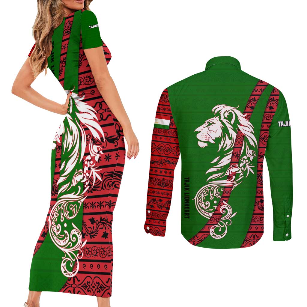 Tajikistan Green Lion Couples Matching Short Sleeve Bodycon Dress and Long Sleeve Button Shirt with Red Folk Pattern with Majestic Script