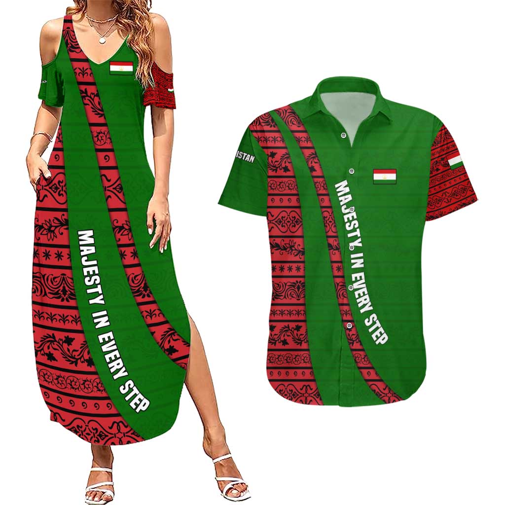 Tajikistan Green Lion Couples Matching Summer Maxi Dress and Hawaiian Shirt with Red Folk Pattern with Majestic Script