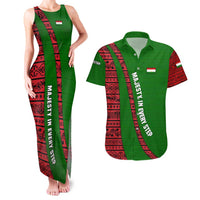 Tajikistan Green Lion Couples Matching Tank Maxi Dress and Hawaiian Shirt with Red Folk Pattern with Majestic Script