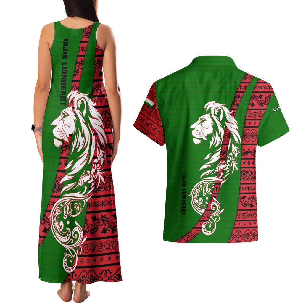 Tajikistan Green Lion Couples Matching Tank Maxi Dress and Hawaiian Shirt with Red Folk Pattern with Majestic Script