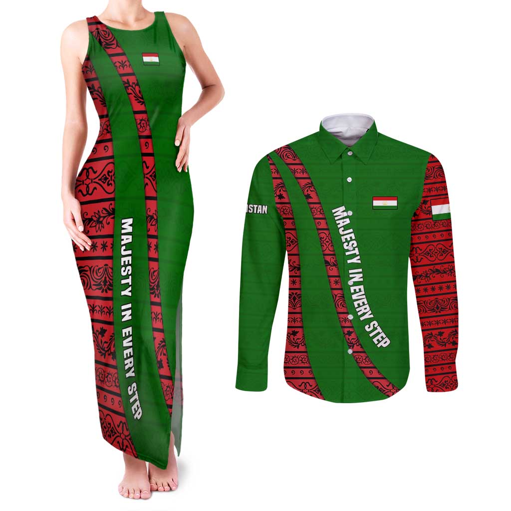 Tajikistan Green Lion Couples Matching Tank Maxi Dress and Long Sleeve Button Shirt with Red Folk Pattern with Majestic Script