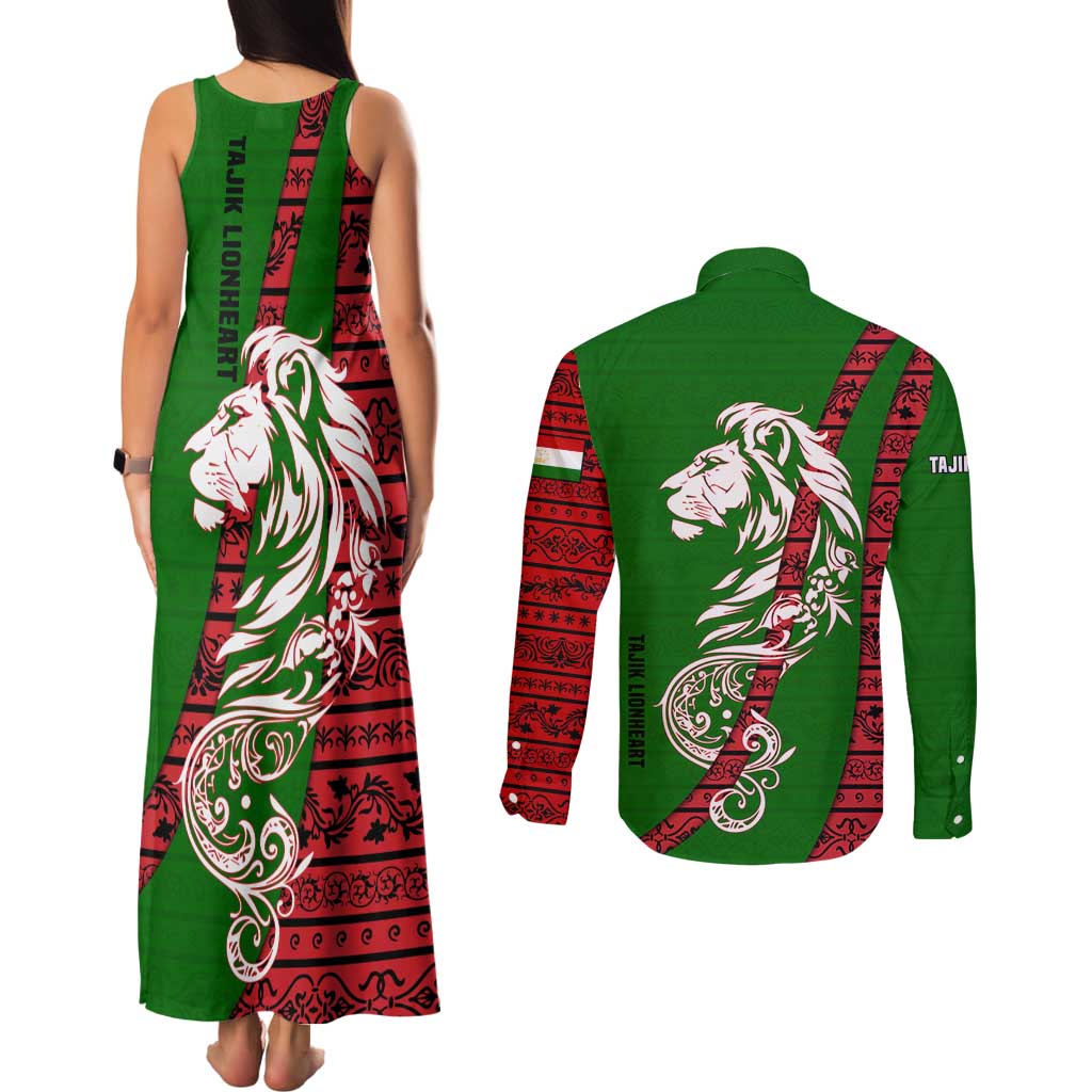Tajikistan Green Lion Couples Matching Tank Maxi Dress and Long Sleeve Button Shirt with Red Folk Pattern with Majestic Script