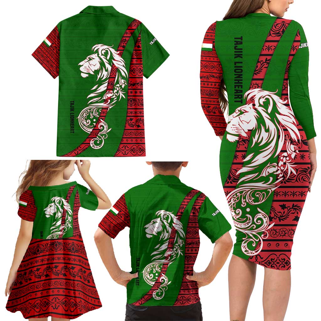 Tajikistan Green Lion Family Matching Long Sleeve Bodycon Dress and Hawaiian Shirt with Red Folk Pattern with Majestic Script