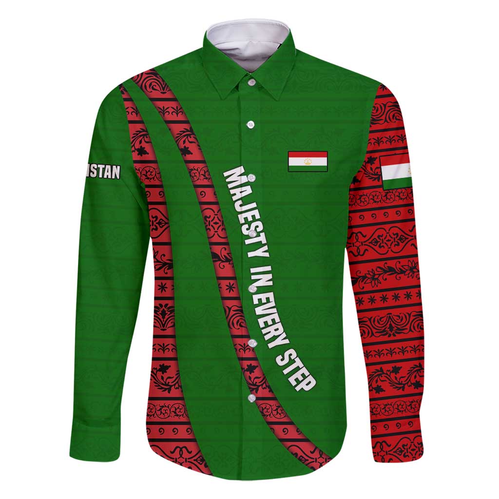 Tajikistan Green Lion Family Matching Long Sleeve Bodycon Dress and Hawaiian Shirt with Red Folk Pattern with Majestic Script