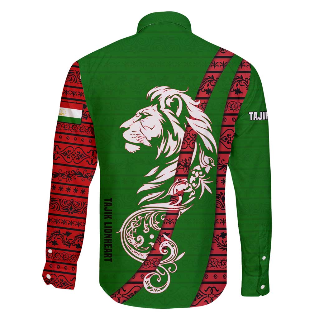 Tajikistan Green Lion Family Matching Long Sleeve Bodycon Dress and Hawaiian Shirt with Red Folk Pattern with Majestic Script