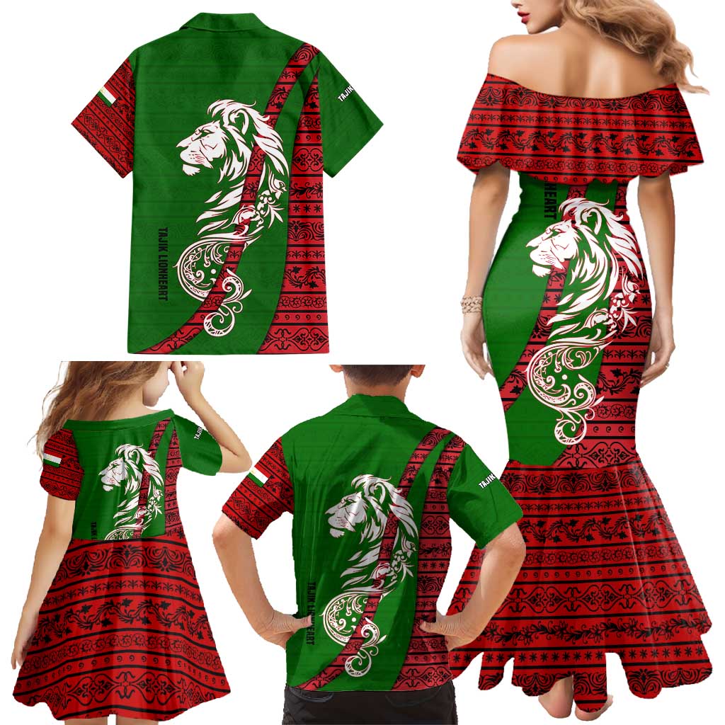Tajikistan Green Lion Family Matching Mermaid Dress and Hawaiian Shirt with Red Folk Pattern with Majestic Script