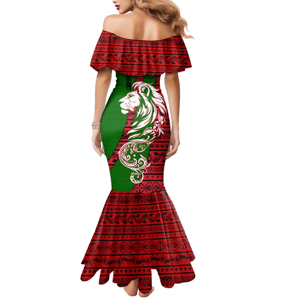 Tajikistan Green Lion Family Matching Mermaid Dress and Hawaiian Shirt with Red Folk Pattern with Majestic Script
