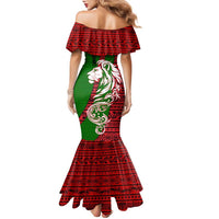 Tajikistan Green Lion Family Matching Mermaid Dress and Hawaiian Shirt with Red Folk Pattern with Majestic Script