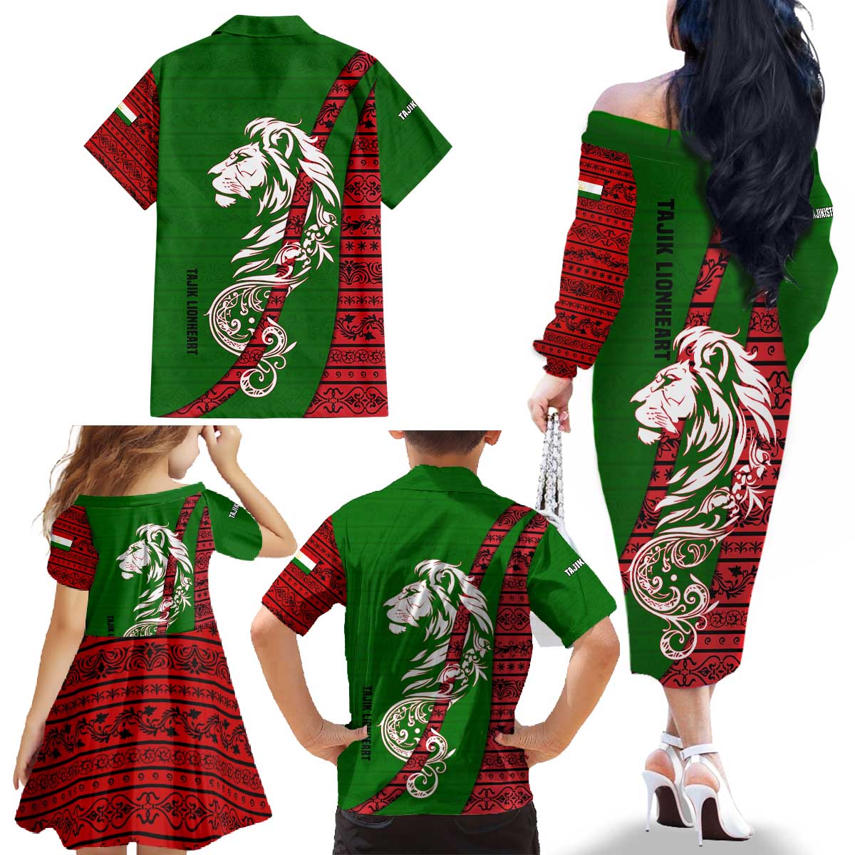 Tajikistan Green Lion Family Matching Off The Shoulder Long Sleeve Dress and Hawaiian Shirt with Red Folk Pattern with Majestic Script