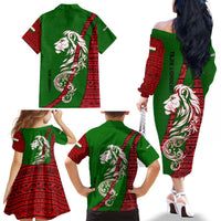 Tajikistan Green Lion Family Matching Off The Shoulder Long Sleeve Dress and Hawaiian Shirt with Red Folk Pattern with Majestic Script