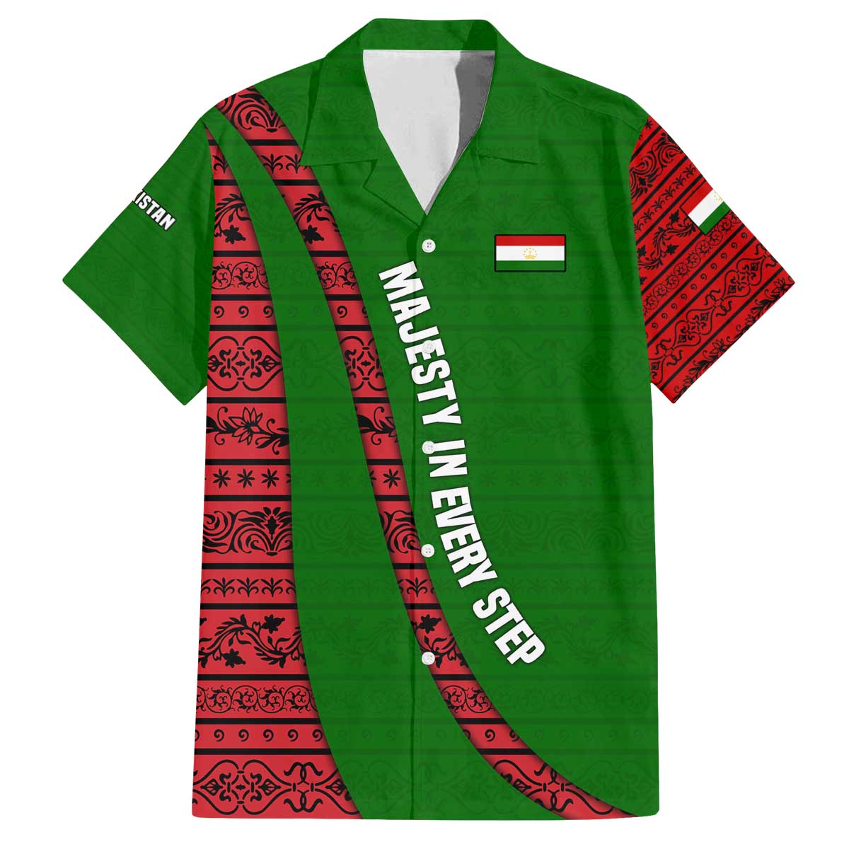 Tajikistan Green Lion Family Matching Off The Shoulder Long Sleeve Dress and Hawaiian Shirt with Red Folk Pattern with Majestic Script