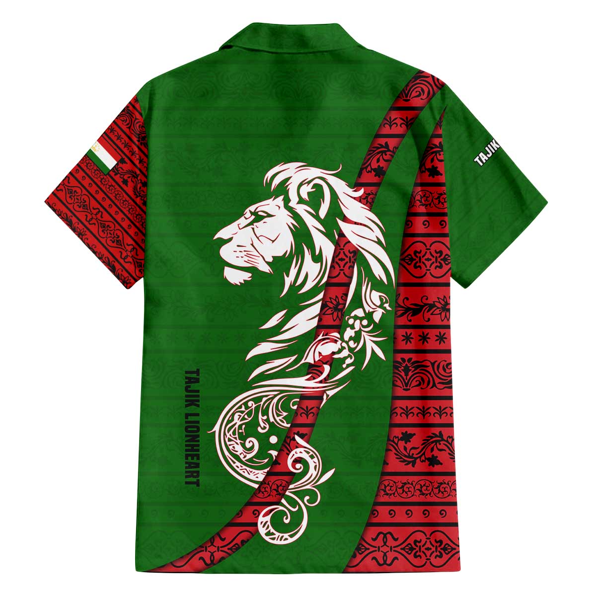 Tajikistan Green Lion Family Matching Off The Shoulder Long Sleeve Dress and Hawaiian Shirt with Red Folk Pattern with Majestic Script