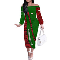 Tajikistan Green Lion Family Matching Off The Shoulder Long Sleeve Dress and Hawaiian Shirt with Red Folk Pattern with Majestic Script