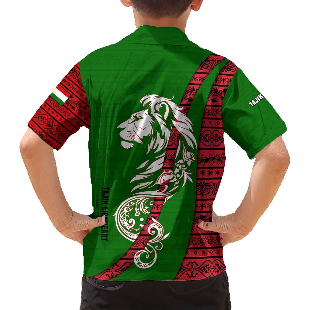 Tajikistan Green Lion Family Matching Off Shoulder Maxi Dress and Hawaiian Shirt with Red Folk Pattern with Majestic Script