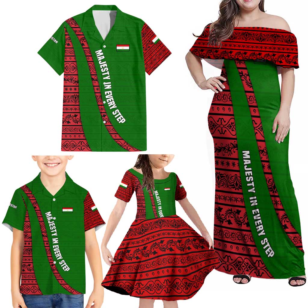 Tajikistan Green Lion Family Matching Off Shoulder Maxi Dress and Hawaiian Shirt with Red Folk Pattern with Majestic Script