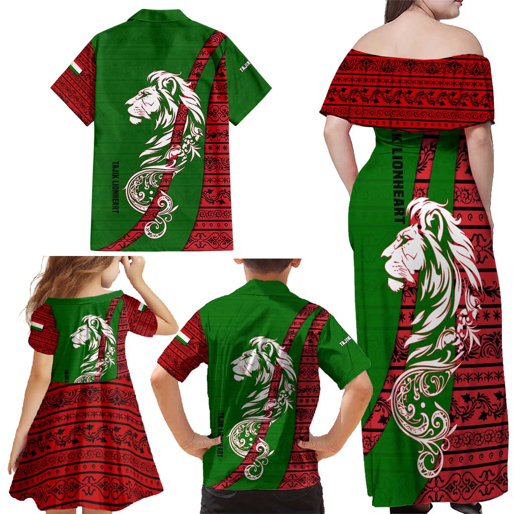 Tajikistan Green Lion Family Matching Off Shoulder Maxi Dress and Hawaiian Shirt with Red Folk Pattern with Majestic Script