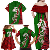 Tajikistan Green Lion Family Matching Off Shoulder Maxi Dress and Hawaiian Shirt with Red Folk Pattern with Majestic Script