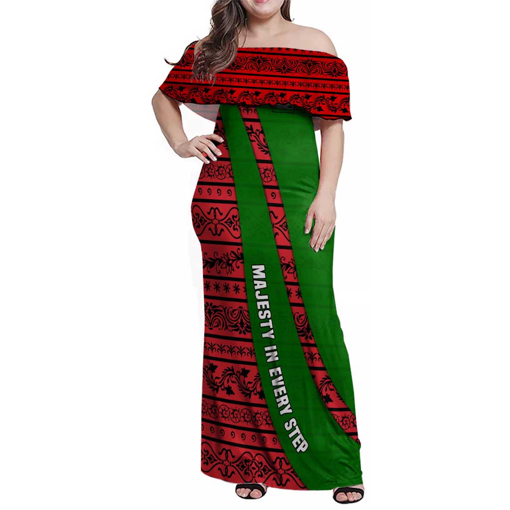 Tajikistan Green Lion Family Matching Off Shoulder Maxi Dress and Hawaiian Shirt with Red Folk Pattern with Majestic Script