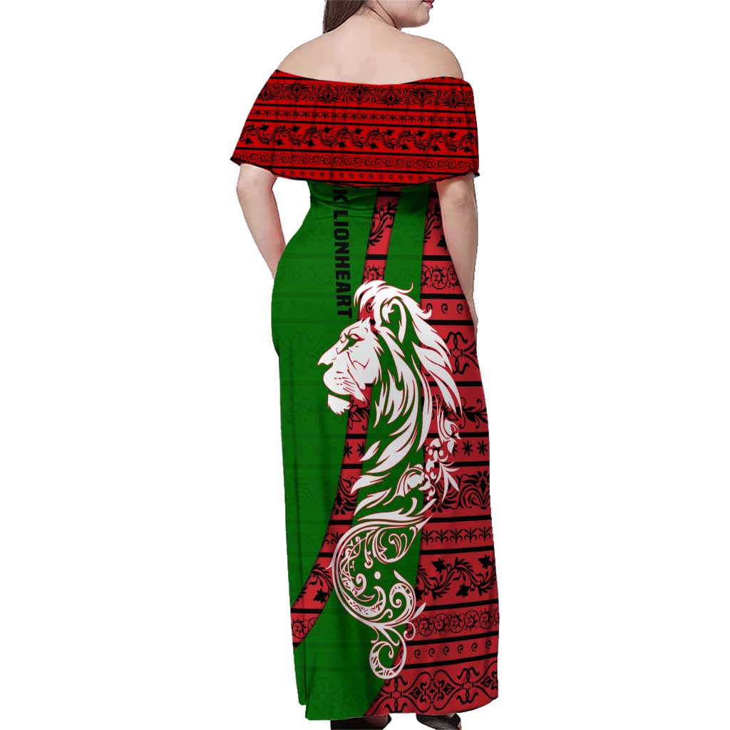 Tajikistan Green Lion Family Matching Off Shoulder Maxi Dress and Hawaiian Shirt with Red Folk Pattern with Majestic Script
