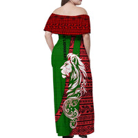 Tajikistan Green Lion Family Matching Off Shoulder Maxi Dress and Hawaiian Shirt with Red Folk Pattern with Majestic Script