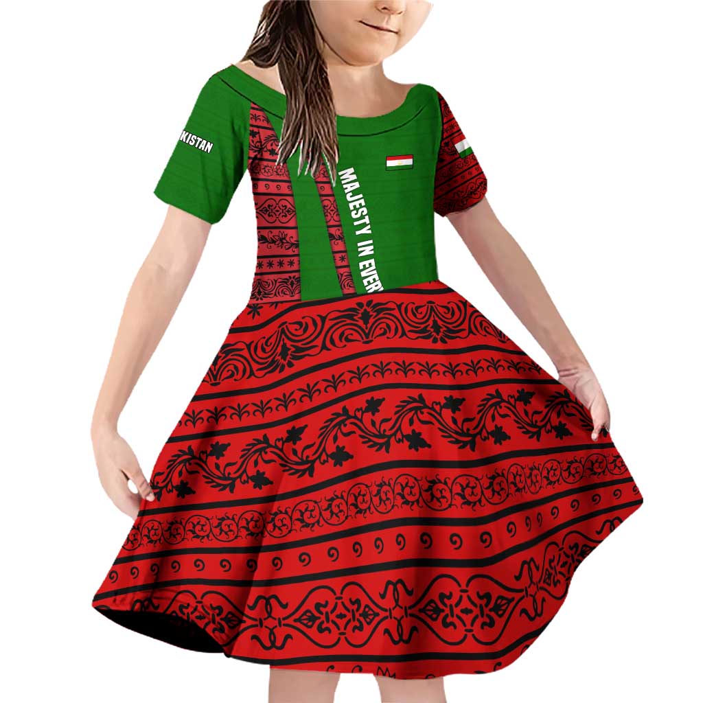 Tajikistan Green Lion Family Matching Off Shoulder Short Dress and Hawaiian Shirt with Red Folk Pattern with Majestic Script