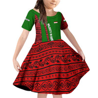 Tajikistan Green Lion Family Matching Off Shoulder Short Dress and Hawaiian Shirt with Red Folk Pattern with Majestic Script