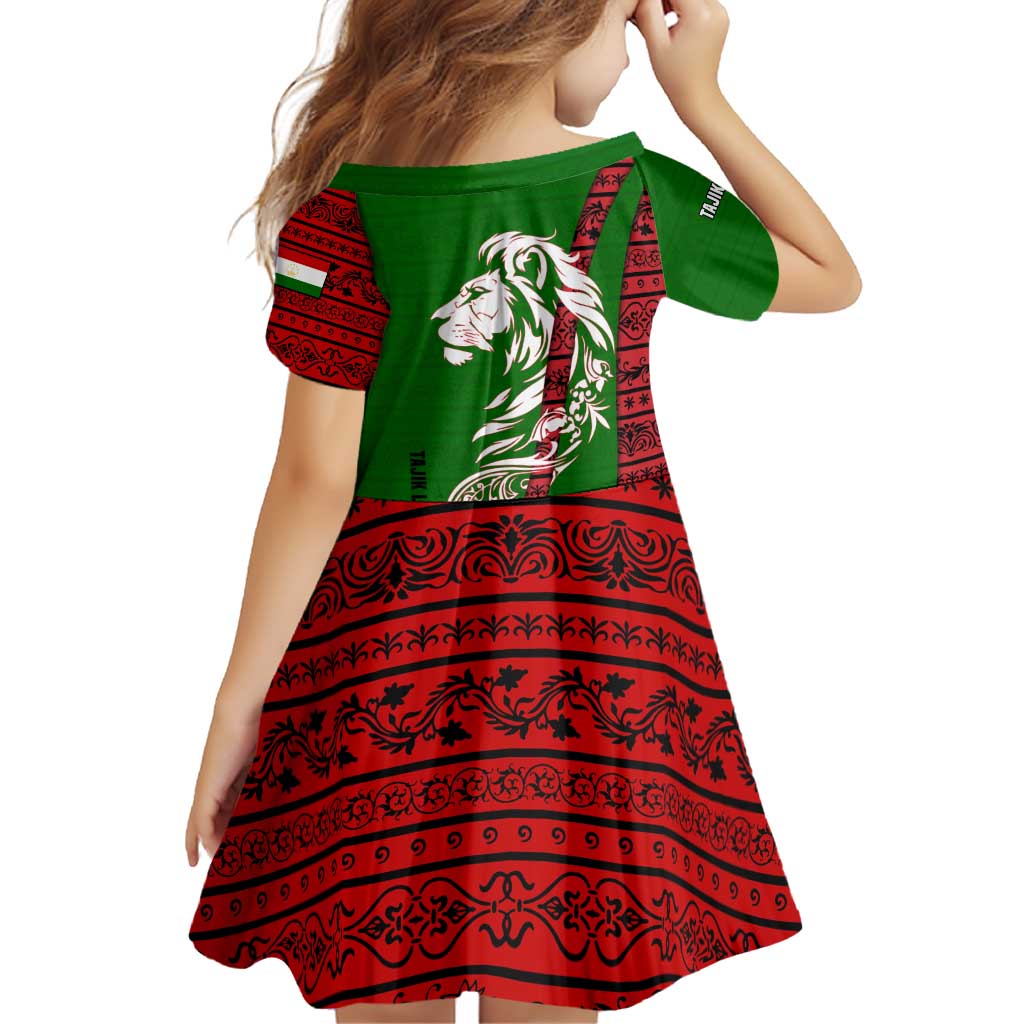 Tajikistan Green Lion Family Matching Off Shoulder Short Dress and Hawaiian Shirt with Red Folk Pattern with Majestic Script