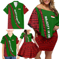 Tajikistan Green Lion Family Matching Off Shoulder Short Dress and Hawaiian Shirt with Red Folk Pattern with Majestic Script