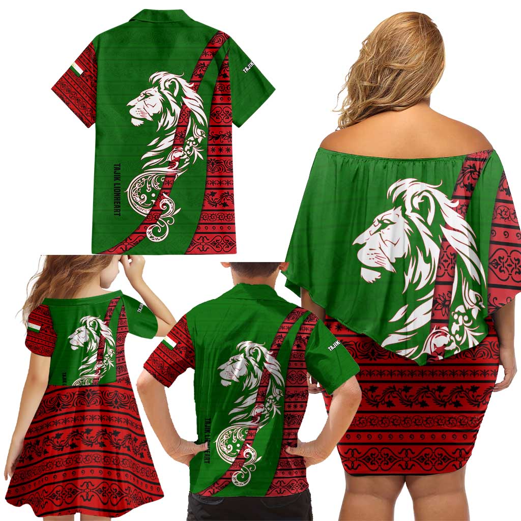 Tajikistan Green Lion Family Matching Off Shoulder Short Dress and Hawaiian Shirt with Red Folk Pattern with Majestic Script