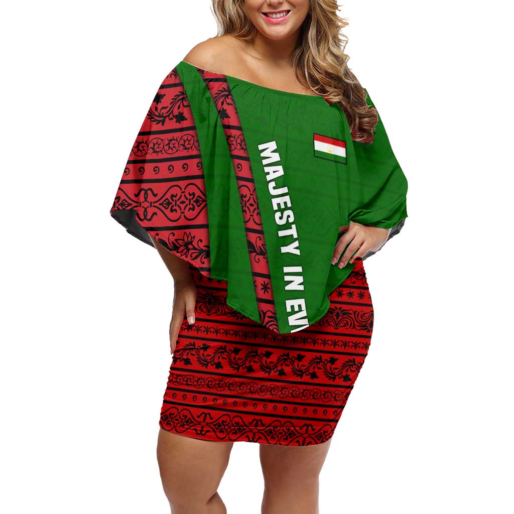 Tajikistan Green Lion Family Matching Off Shoulder Short Dress and Hawaiian Shirt with Red Folk Pattern with Majestic Script