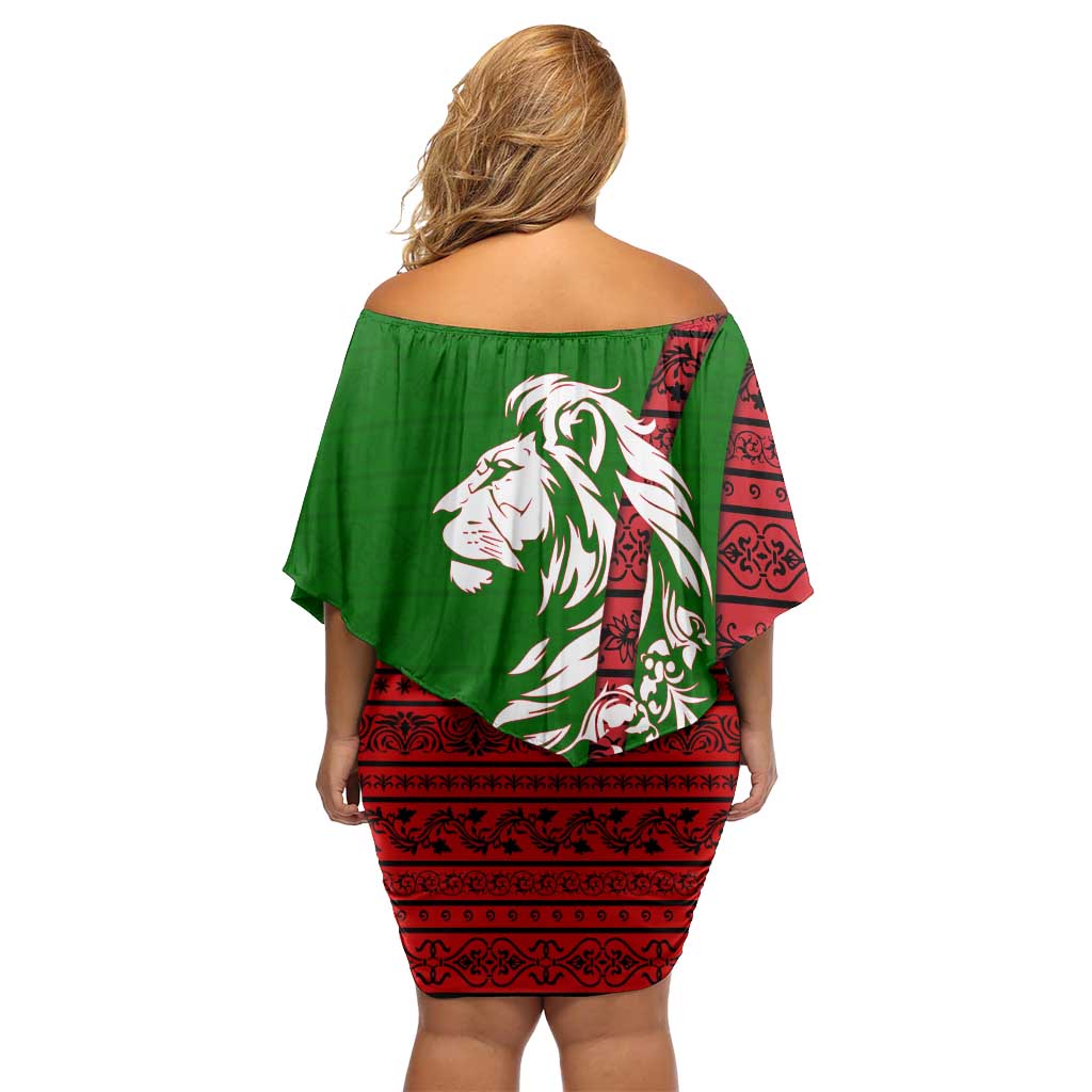 Tajikistan Green Lion Family Matching Off Shoulder Short Dress and Hawaiian Shirt with Red Folk Pattern with Majestic Script