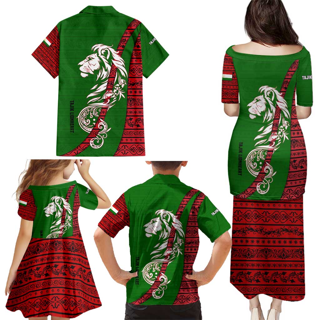 Tajikistan Green Lion Family Matching Puletasi and Hawaiian Shirt with Red Folk Pattern with Majestic Script
