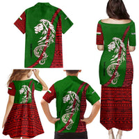 Tajikistan Green Lion Family Matching Puletasi and Hawaiian Shirt with Red Folk Pattern with Majestic Script