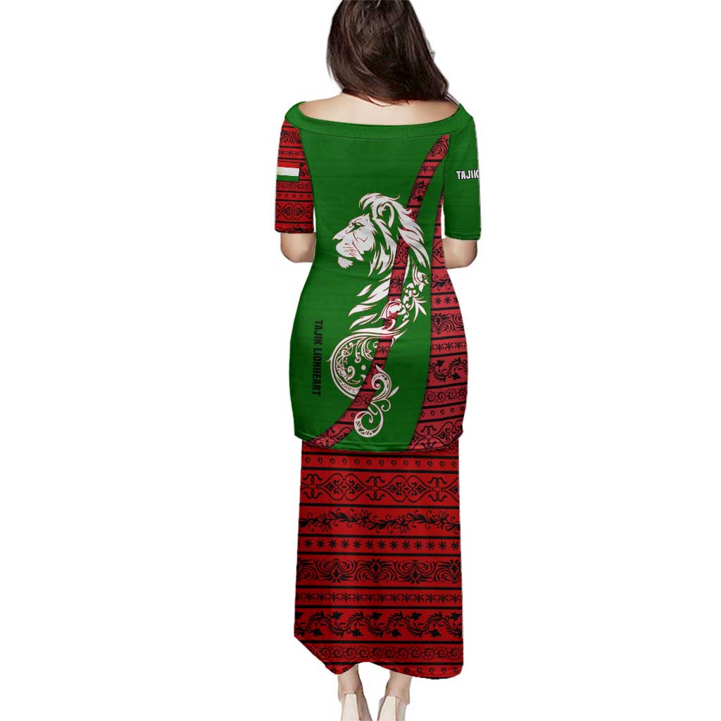 Tajikistan Green Lion Family Matching Puletasi and Hawaiian Shirt with Red Folk Pattern with Majestic Script