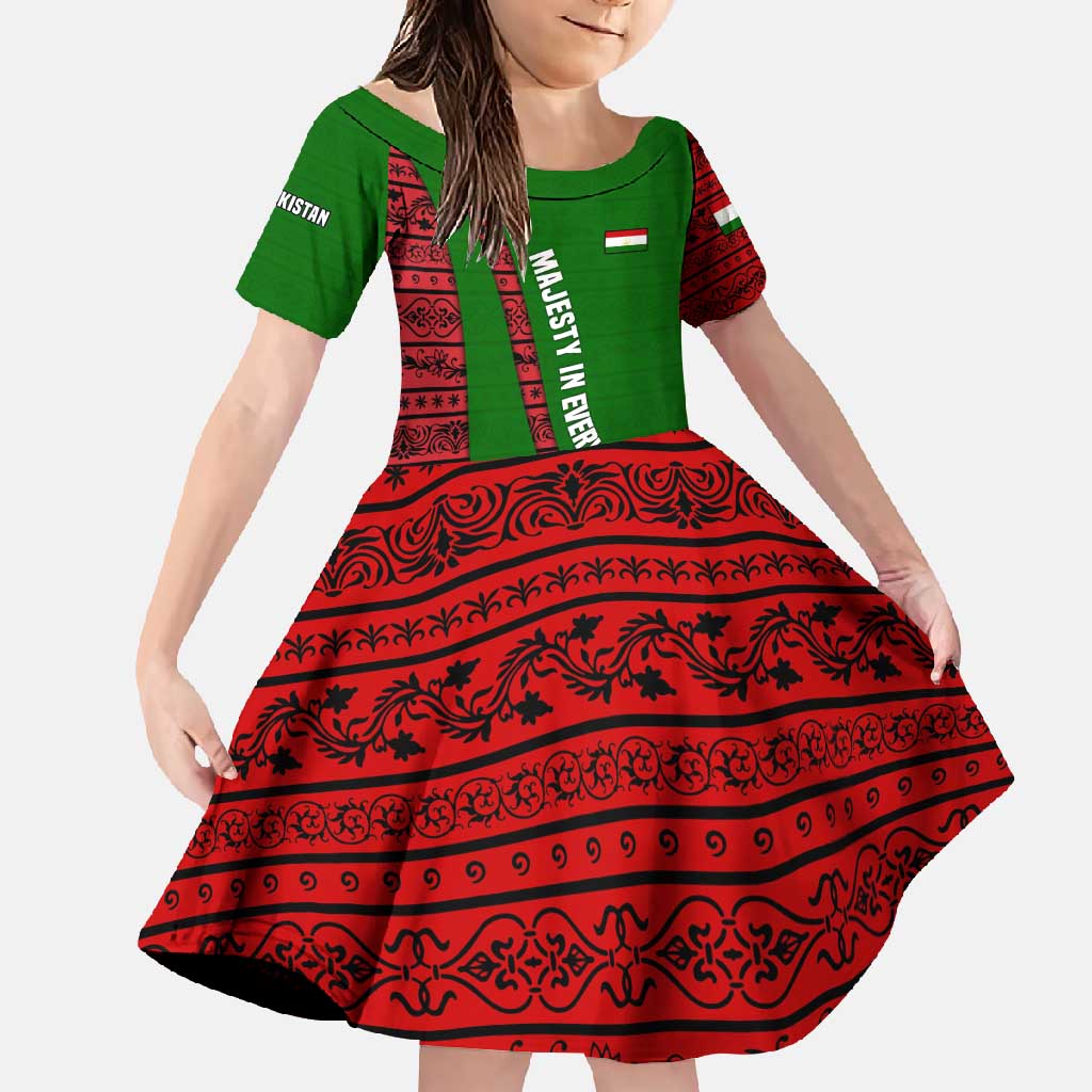 Tajikistan Green Lion Family Matching Short Sleeve Bodycon Dress and Hawaiian Shirt with Red Folk Pattern with Majestic Script