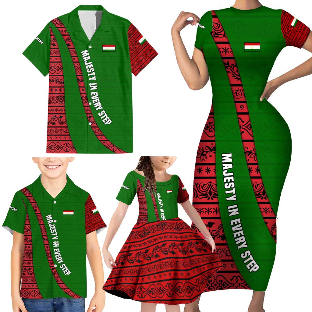 Tajikistan Green Lion Family Matching Short Sleeve Bodycon Dress and Hawaiian Shirt with Red Folk Pattern with Majestic Script