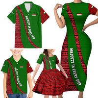 Tajikistan Green Lion Family Matching Short Sleeve Bodycon Dress and Hawaiian Shirt with Red Folk Pattern with Majestic Script