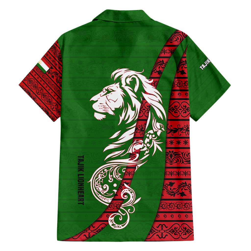Tajikistan Green Lion Family Matching Short Sleeve Bodycon Dress and Hawaiian Shirt with Red Folk Pattern with Majestic Script